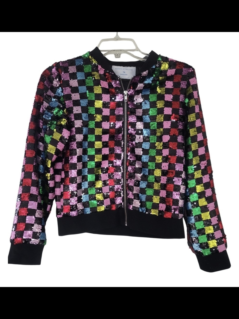Girls ROCKETS Of AWESOME Retro Rainbow Sequin Check Bomber Jacket size 14